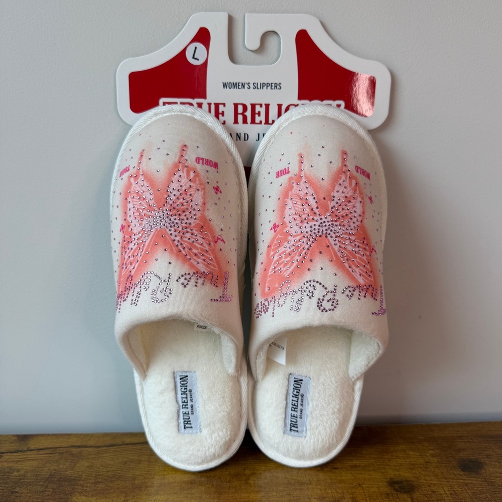 New True Religion 8-9 Orange Purple Butterfly Slippers Shoes Rhinestone Beige